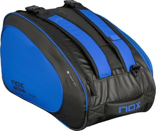 The NOX ML10 Team 4 Racket Padel Bag in black and blue features multiple compartments, carrying straps, and NOX branding—a stylish bag inspired by Miguel Lamperti that's ideal for organizing your athletic gear.
