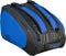 The NOX ML10 Team Padel Racket Bag in black and blue features multiple compartments, zippers, and shoulder straps for sports gear. The stylish bag displays the NOX logo and branding on the side and top.