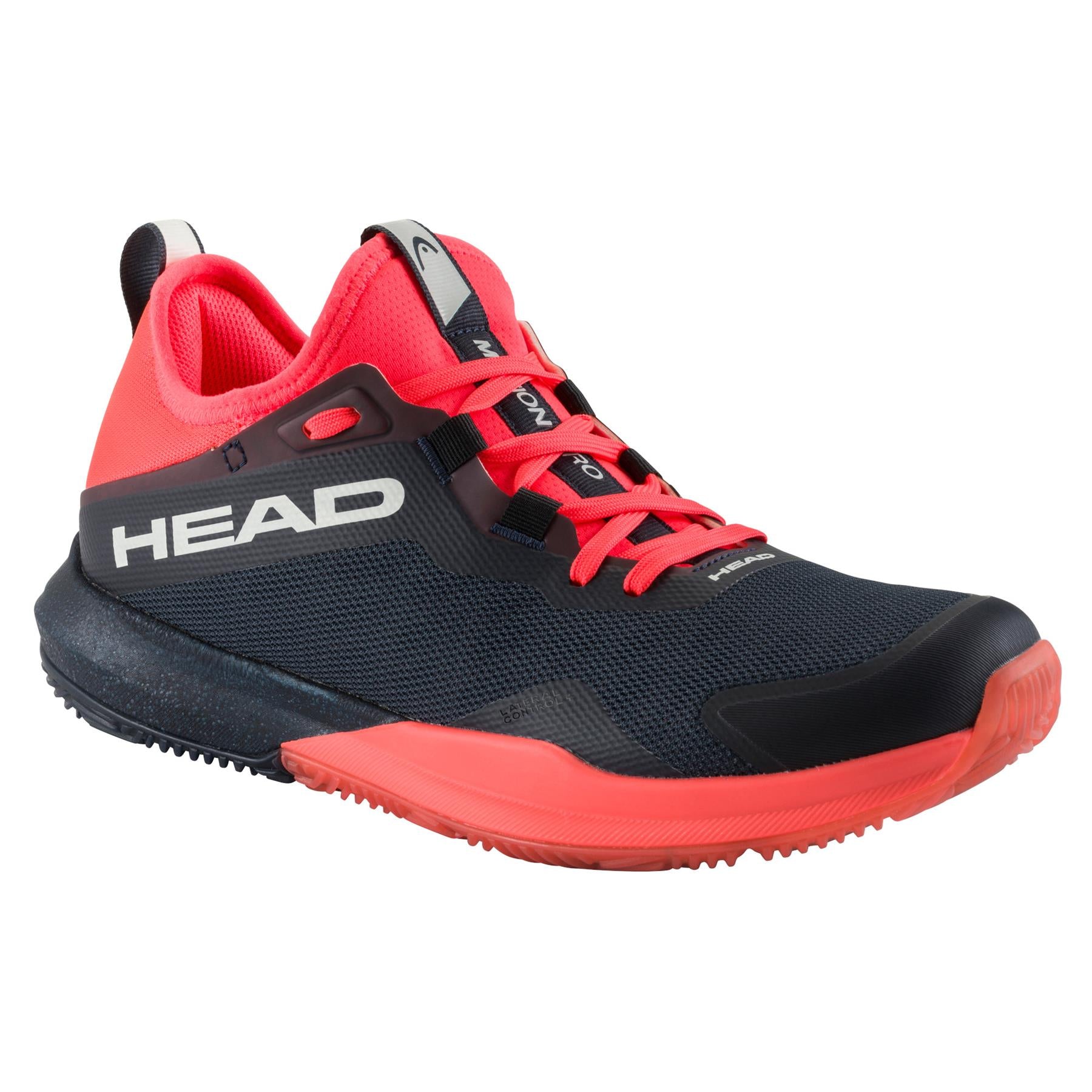 A pair of athletic padel shoes, the HEAD Motion Pro Men's in a striking blueberry and fiery coral color scheme, features "HEAD" emblazoned on the side. Designed for high performance with a textured sole that enhances stability, these shoes combine a lace-up design with a blend of mesh and synthetic materials for a sporty look.