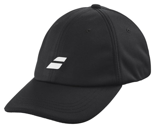 The Babolat Pure Logo Cap - Black by Babolat is a lightweight black baseball cap made from recycled polyester, adorned with a stylish white logo of two parallel lines on the front, viewed at a slight angle.