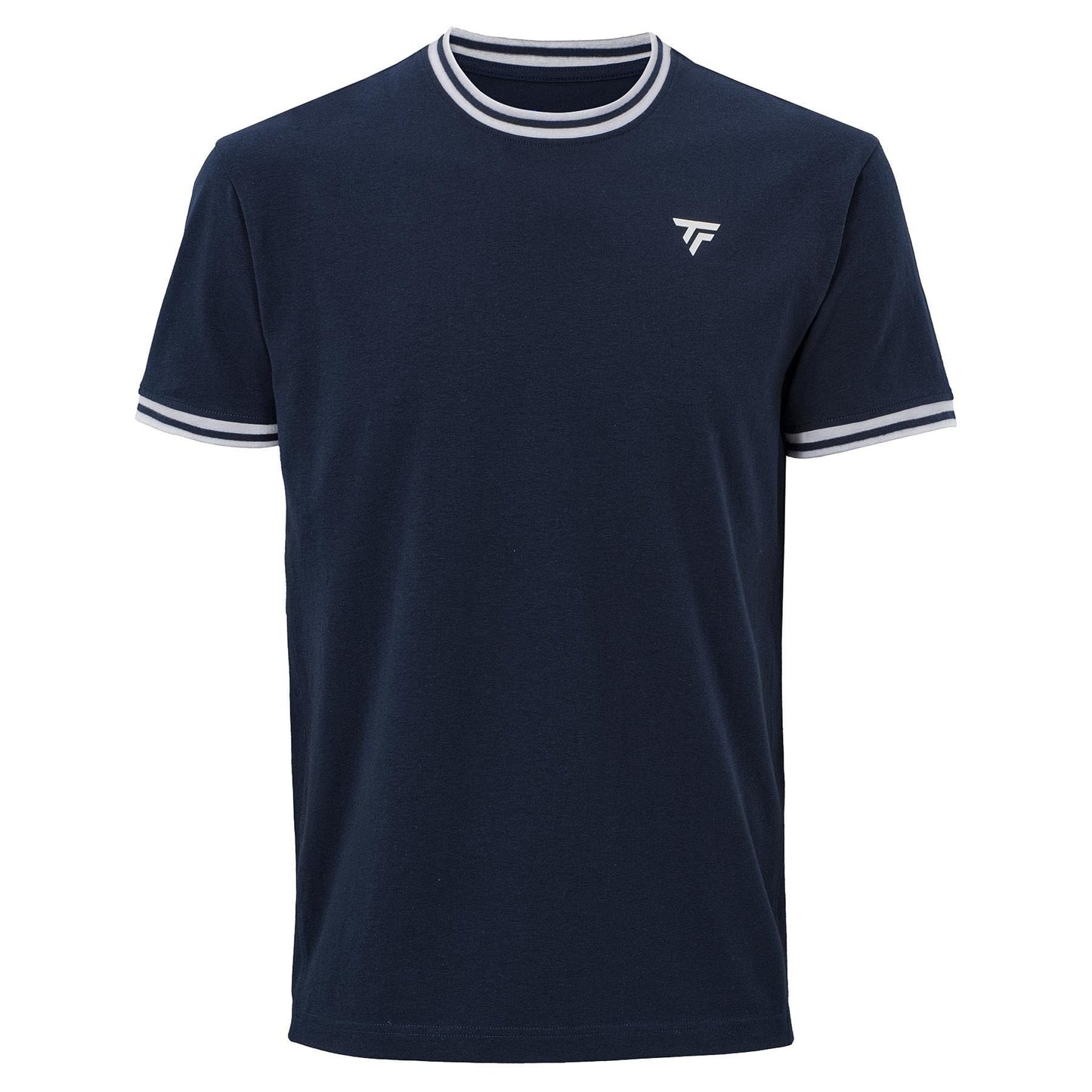The Tecnifibre Team Stretch Men's Padel T-Shirt in marine blue features white trim on the collar and sleeves, a small logo on the left chest, and is crafted from organic cotton sportswear for comfort and style.