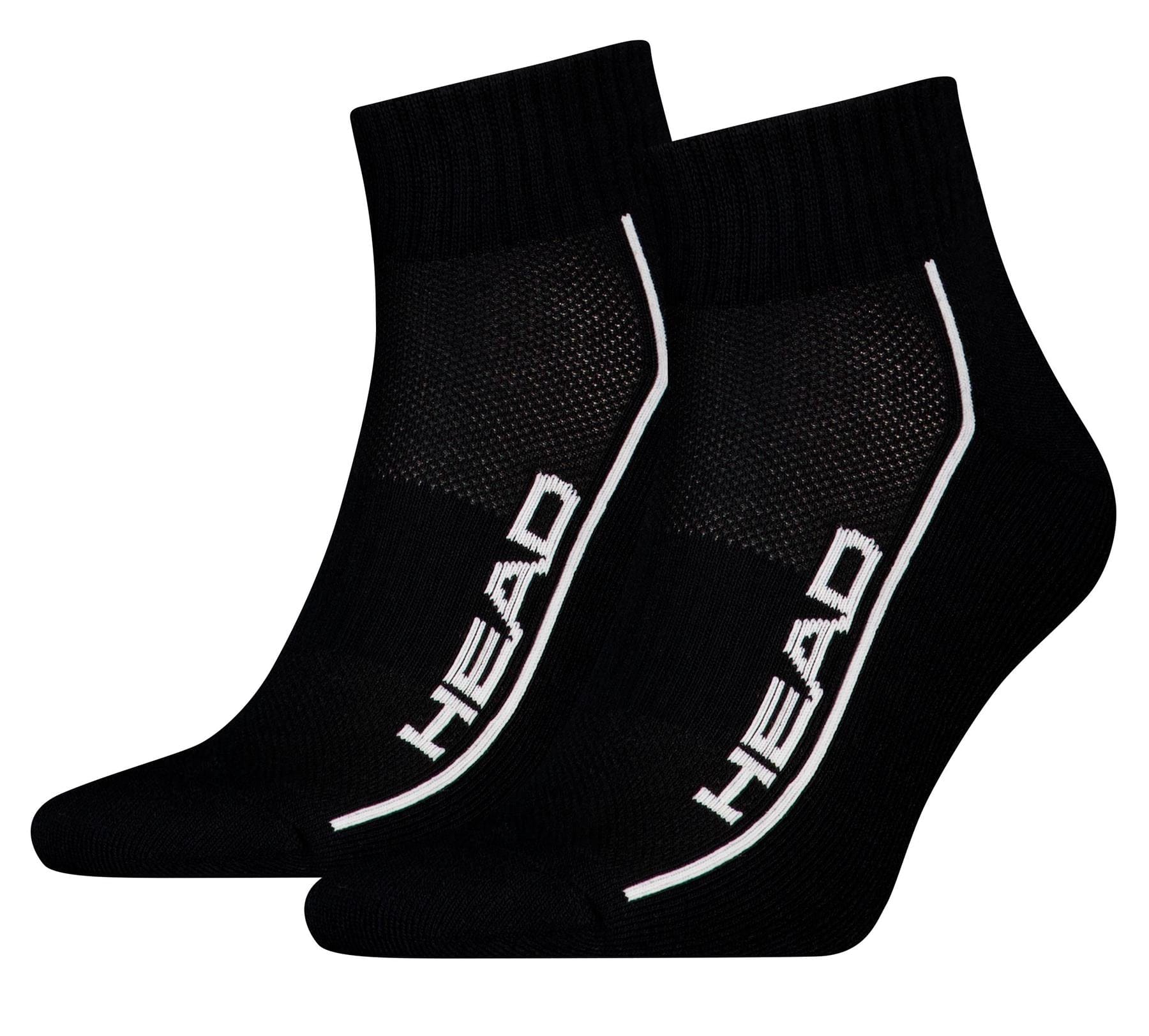 The HEAD Performance Quarter Padel Socks - Black (2 Pack) feature cushioned soles, white "HEAD" logos, and sleek side stripes, shown against a white background.