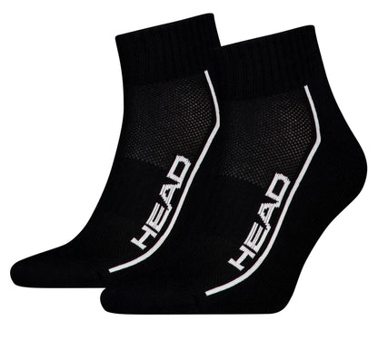 The HEAD Performance Quarter Padel Socks - Black (2 Pack) feature cushioned soles, white "HEAD" logos, and sleek side stripes, shown against a white background.