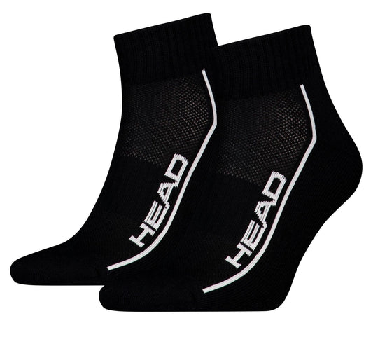 The HEAD Performance Quarter Padel Socks - Black (2 Pack) feature cushioned soles, white "HEAD" logos, and sleek side stripes, shown against a white background.