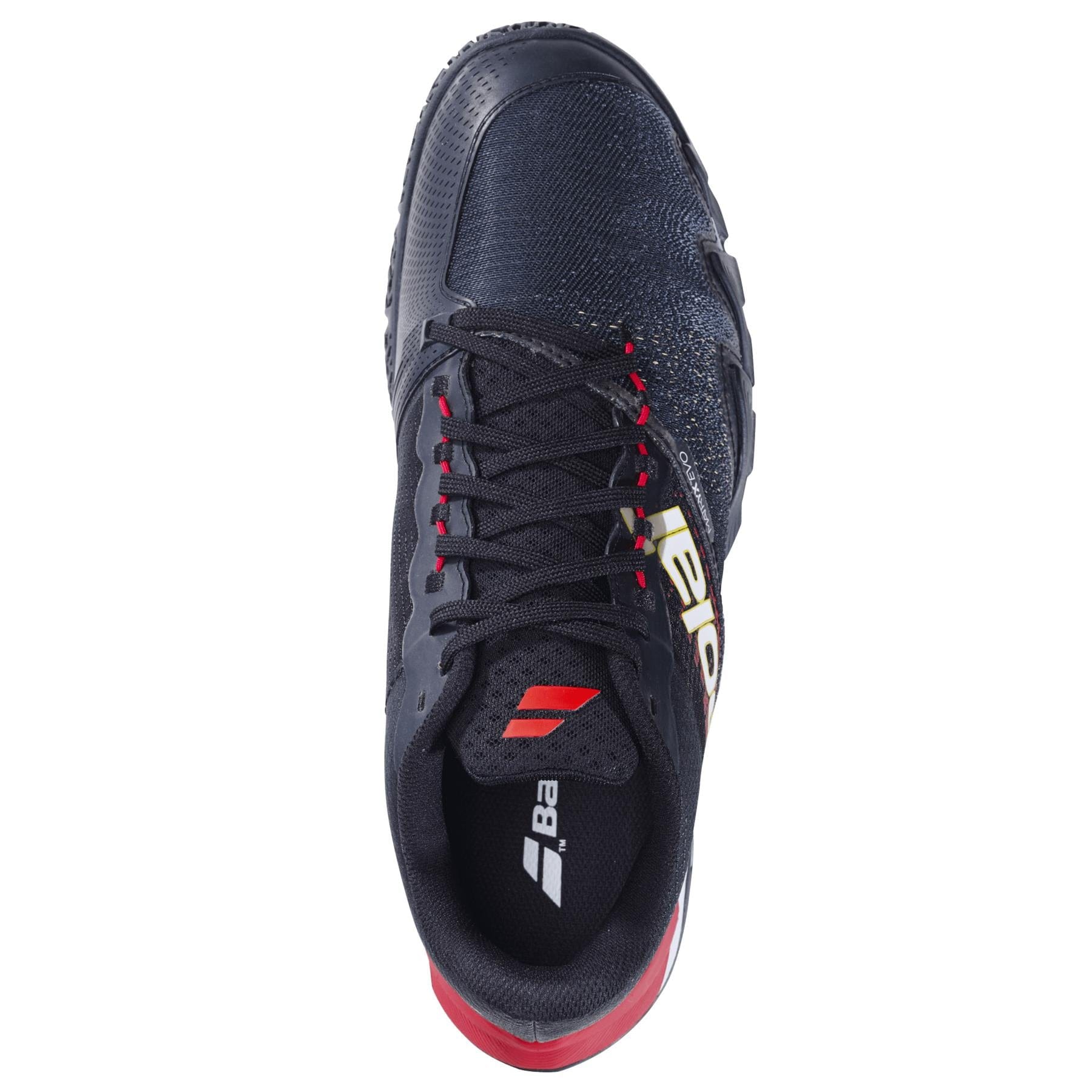 Top view of Babolat Jet Premura 2 Men's Padel Shoes in black and tomato red, with black laces and yellow-white Babolat branding. Features Michelin Padel technology. Photographed on a white background.
