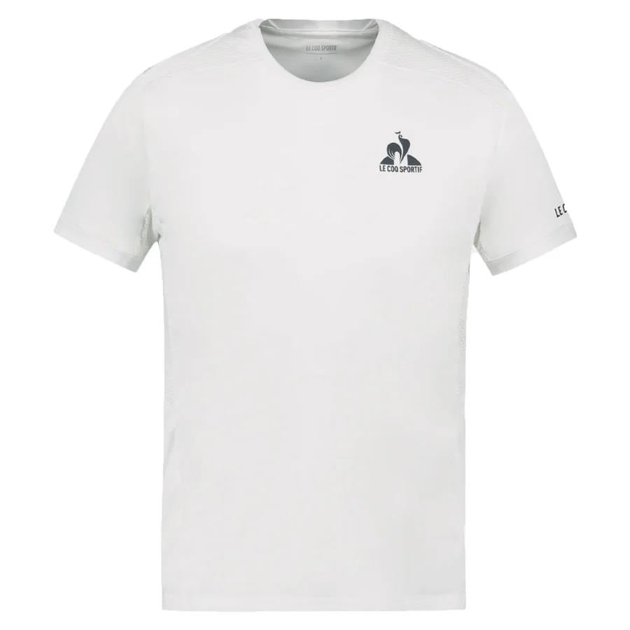 Optical White Le Coq Sportif Pro Men's Padel T-Shirt made from breathable polyester, showcasing a small "Le Coq Sportif" logo on the left chest and the brand name on the left sleeve. This T-shirt features short sleeves and a crew neckline for optimal comfort.