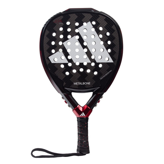 The ADIDAS Metalbone 3.3 Padel Racket - Black / Red by adidas is ideal for advanced players, with its textured surface and striking "METALBONE" text. Its geometric design, perforated face, and wrist strap provide outstanding power on each swing.