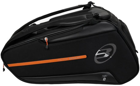 The Bullpadel BPP26012 Hack 2026 Padel Racket Bag in black features a large side pocket, thermal racket compartments, carrying handles, and the Bullpadel logo. Its sleek design provides ample space for your sports gear.