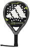 The ADIDAS Adipower Carbon CTRL 3.4 is a sleek black and gray padel racket with Spin Blade Mold tech, round head, perforated design, white stripes, and bold yellow "Adipower." It features a wrapped grip and wrist strap for better play.