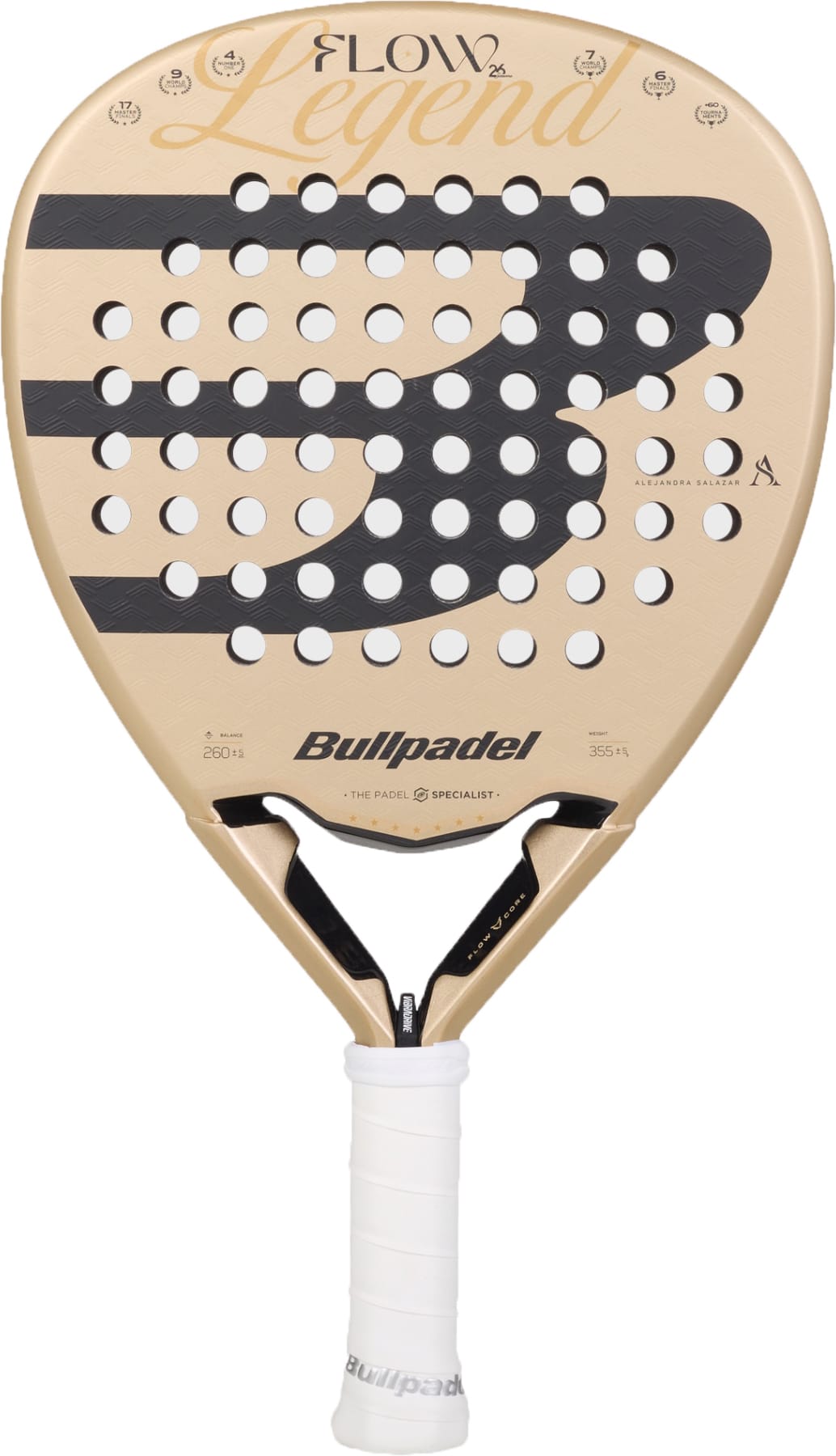 The Bullpadel Flow 2027 Padel Racket by Bullpadel showcases a gold, black, and white design labeled “FLOW Legend.” It features a rounded face with multiple holes, a 3D Grain surface for enhanced control, and a white grip handle.