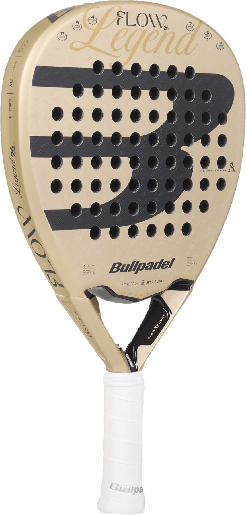 The Bullpadel Flow 2027 Padel Racket features a striking gold and black design with a white grip, a perforated face, and the Bullpadel logo prominently displayed. Its diamond-shaped head and 3D Grain surface enhance spin, making it a standout choice for padel players.