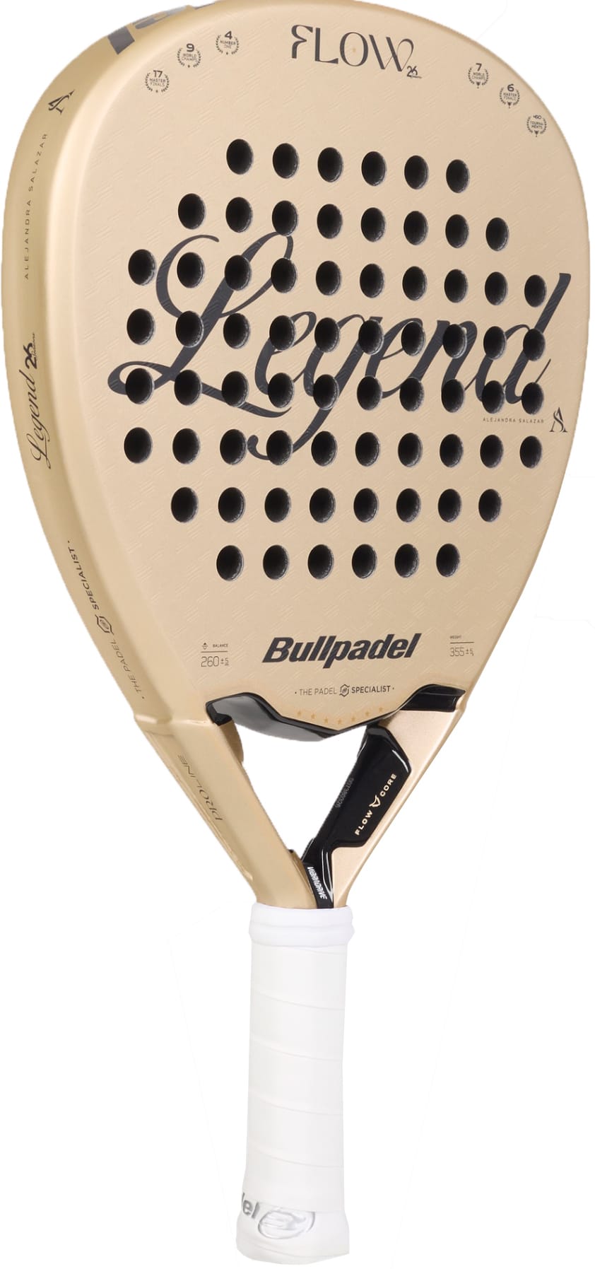 The Bullpadel Flow 2027 Padel Racket by Bullpadel features a gold diamond-shaped head with “Legend” inscribed in bold black script across the face, round perforations, a 3D Grain surface for improved spin, and a white grip handle.