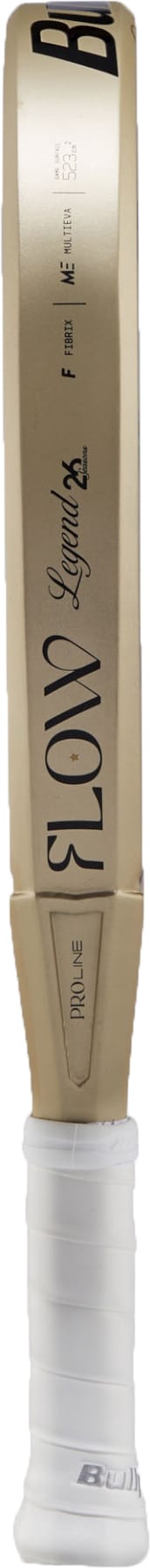 Close-up of the handle and upper blade of a gold-colored cricket bat with a white grip. The bat features black branding and text, including the words “ICON Legend,” reminiscent of the precise detailing found on premium equipment like the Bullpadel Flow 2027 Padel Racket, known for its advanced 3D Grain surface.