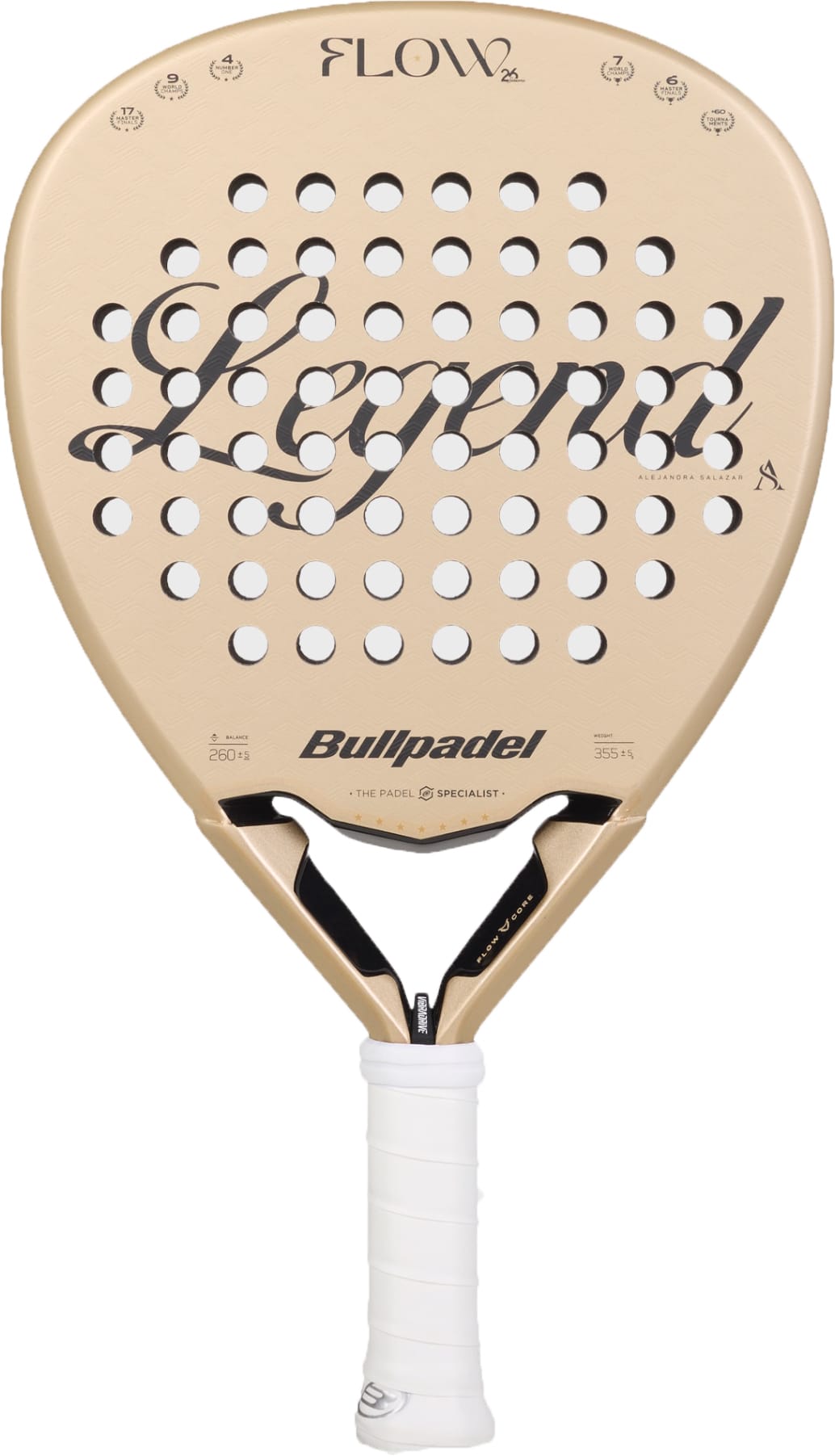 A gold Bullpadel Flow 2027 padel racket with the word “Legend” displayed in black script across the face, featuring a diamond-shaped head with multiple holes, a 3D Grain surface for enhanced control, and a white grip handle.