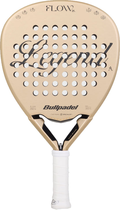 A gold Bullpadel Flow 2027 padel racket with the word “Legend” displayed in black script across the face, featuring a diamond-shaped head with multiple holes, a 3D Grain surface for enhanced control, and a white grip handle.
