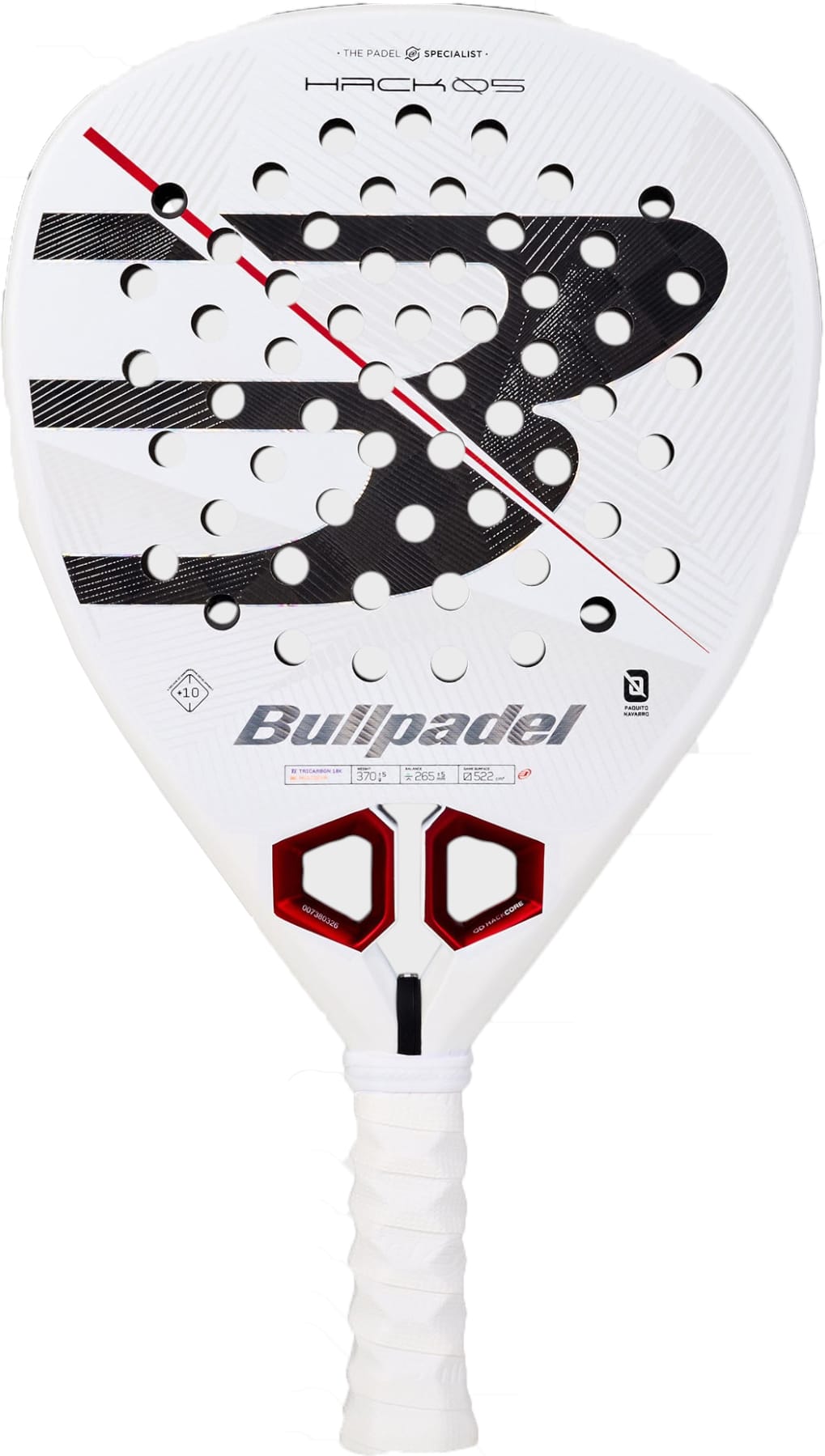 The Bullpadel Hack 05 2027 Padel Racket by Bullpadel showcases a white design highlighted with black and red accents, round perforations, and a prominent signature logo across the face. This advanced padel racket comes with a handle wrapped in white grip tape.