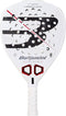 The Bullpadel Hack 05 2027 Padel Racket by Bullpadel showcases a white design highlighted with black and red accents, round perforations, and a prominent signature logo across the face. This advanced padel racket comes with a handle wrapped in white grip tape.