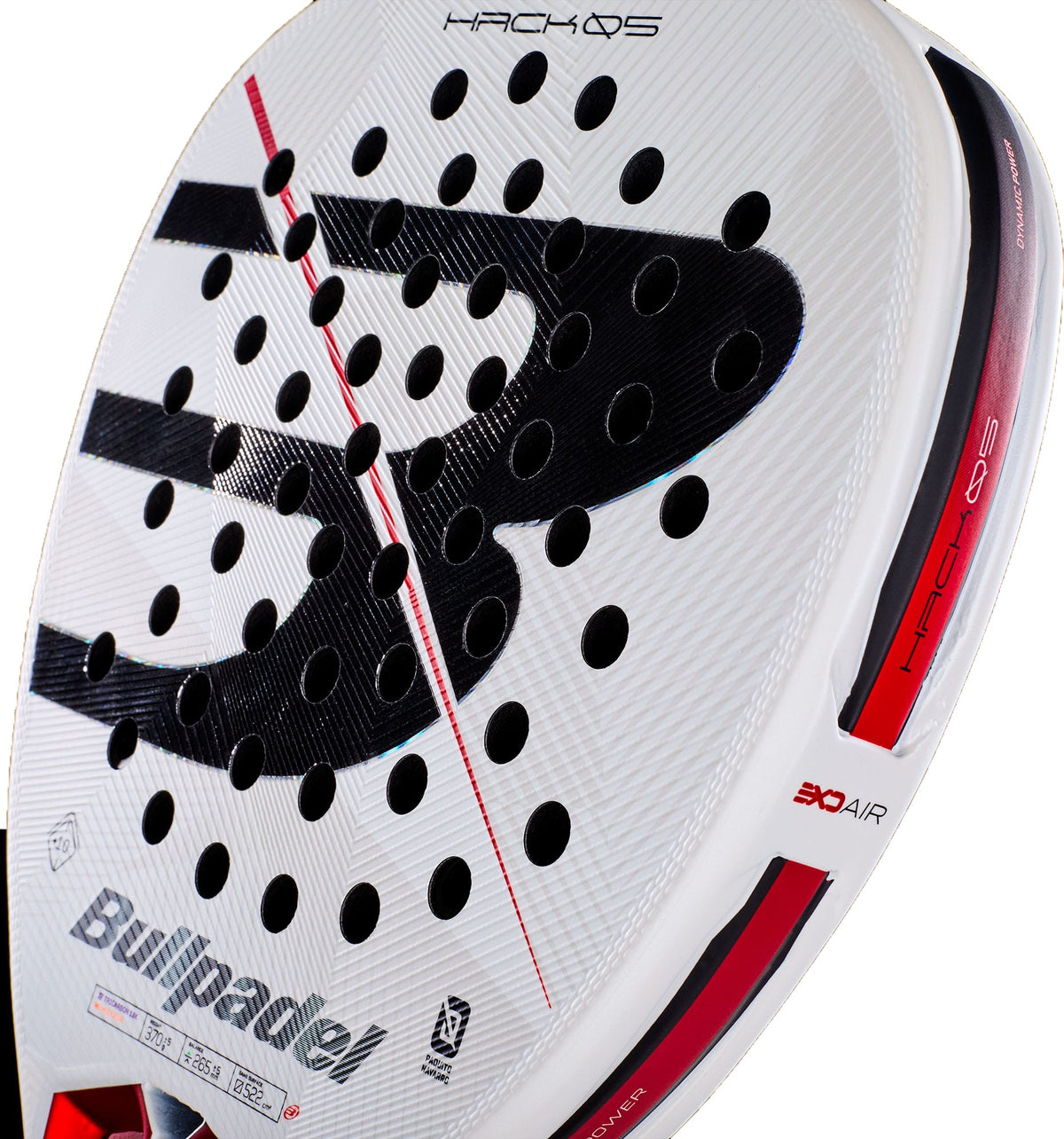 Close-up of the Bullpadel Hack 05 2027 Padel Racket in white, accented with black and red details. The perforated face and bold Bullpadel branding stand out, while “3D Air” technology is prominently displayed on the frame, emphasizing the racket’s advanced features.