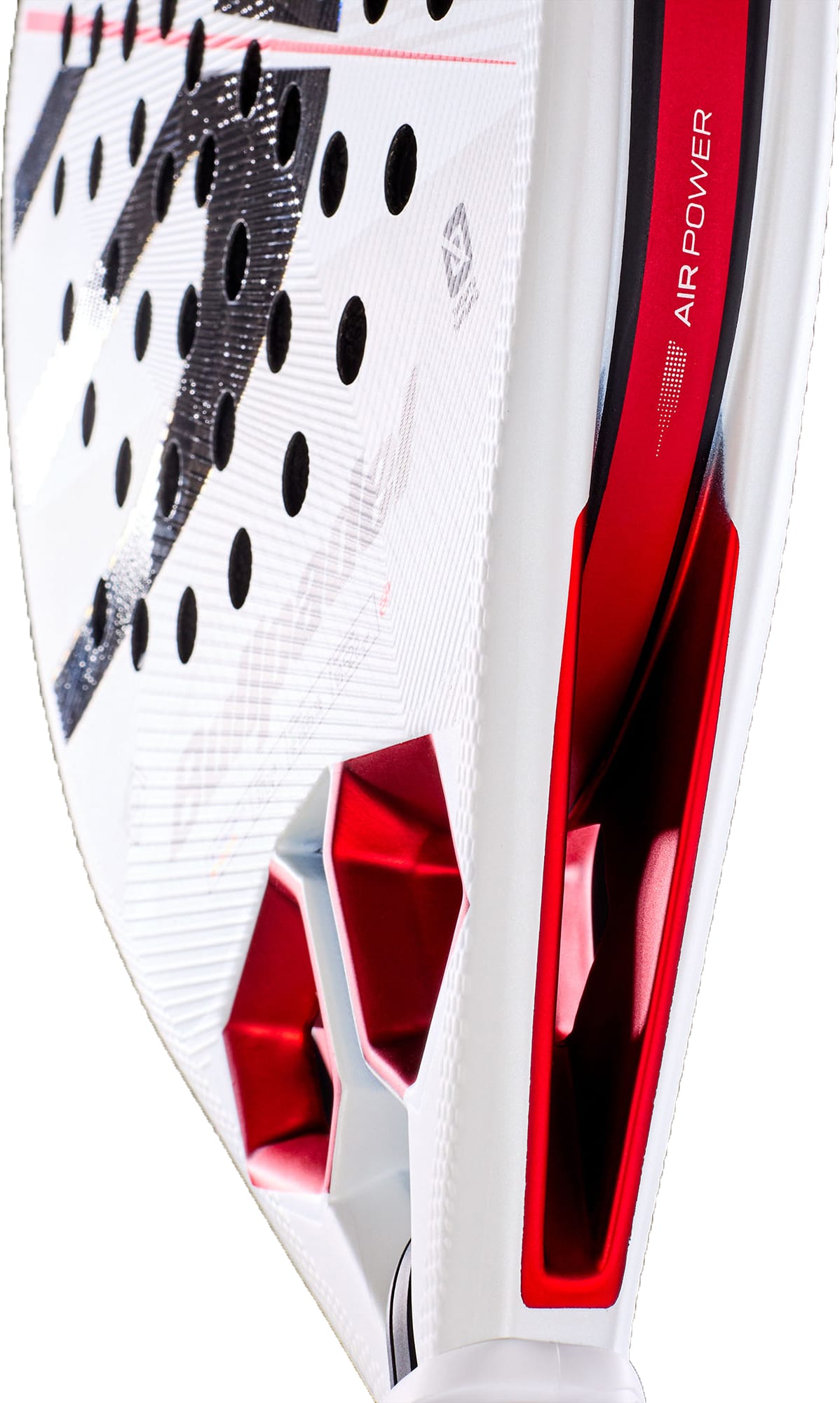 Close-up of the Bullpadel Hack 05 2027 Padel Racket by Bullpadel in white and red, showcasing its perforated surface, textured details, and distinctive hexagonal side cutouts—emphasizing the advanced design of this padel racket.