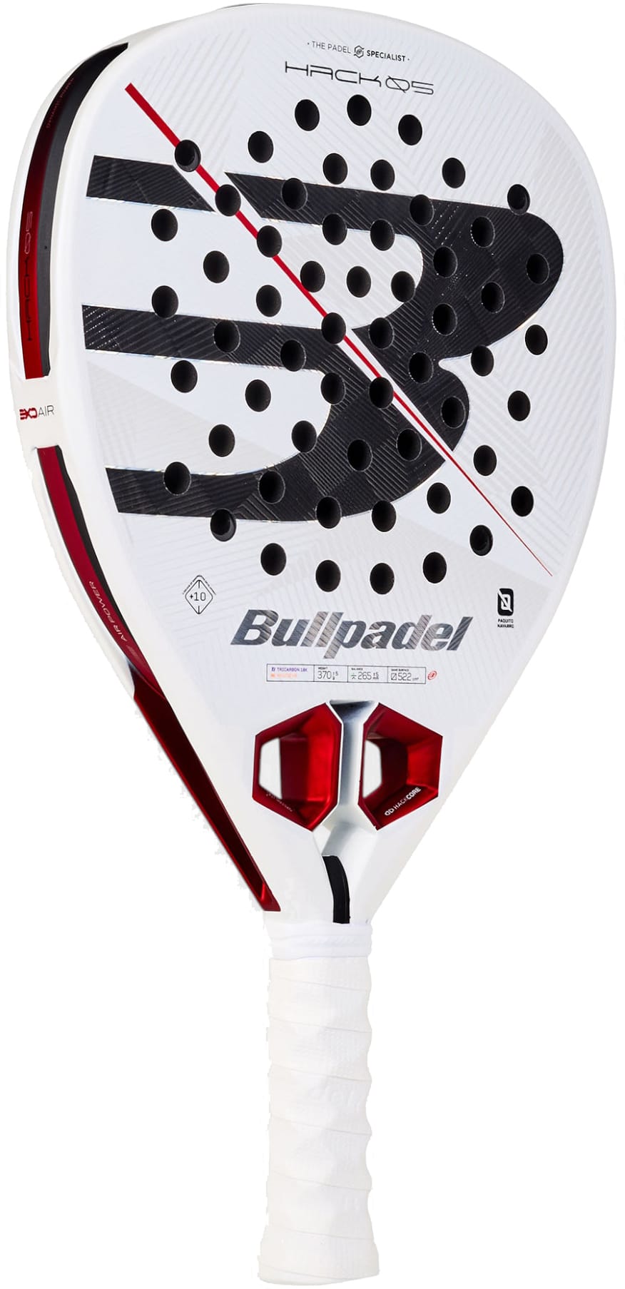 The Bullpadel Hack 05 2027 Padel Racket by Bullpadel advances the brand’s tradition of innovation, with its modern design and premium features. It boasts a striking white frame accented by black and red details, multiple holes on the paddle face for optimized performance, and a comfortable white grip handle—making it an exceptional choice for players seeking an advanced padel racket with the latest technology.