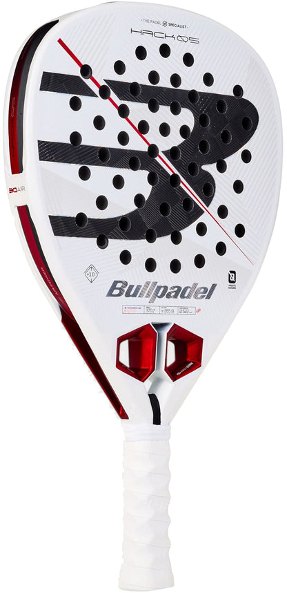 The Bullpadel Hack 05 2027 Padel Racket by Bullpadel advances the brand’s tradition of innovation, with its modern design and premium features. It boasts a striking white frame accented by black and red details, multiple holes on the paddle face for optimized performance, and a comfortable white grip handle—making it an exceptional choice for players seeking an advanced padel racket with the latest technology.
