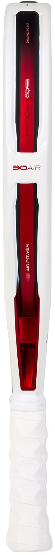 A close-up of a modern cricket bat handle wrapped in white grip, featuring a red and black design with the text “SG AIR” on the blade. The sleek craftsmanship is reminiscent of high-performance sports equipment like the Bullpadel Hack 05 2027 Padel Racket from Bullpadel, engineered for advanced players who prioritize precision and power.