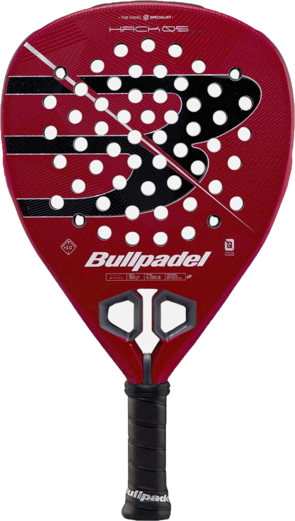 A red Bullpadel Hack 05 Comfort 2027 padel racket with black and white accents, featuring a distinctive pattern of holes, a central “B” logo, and a black grip handle. Its advanced MultiEva core delivers excellent control and power, while the Tricarbon 18K face boosts durability and on-court performance.