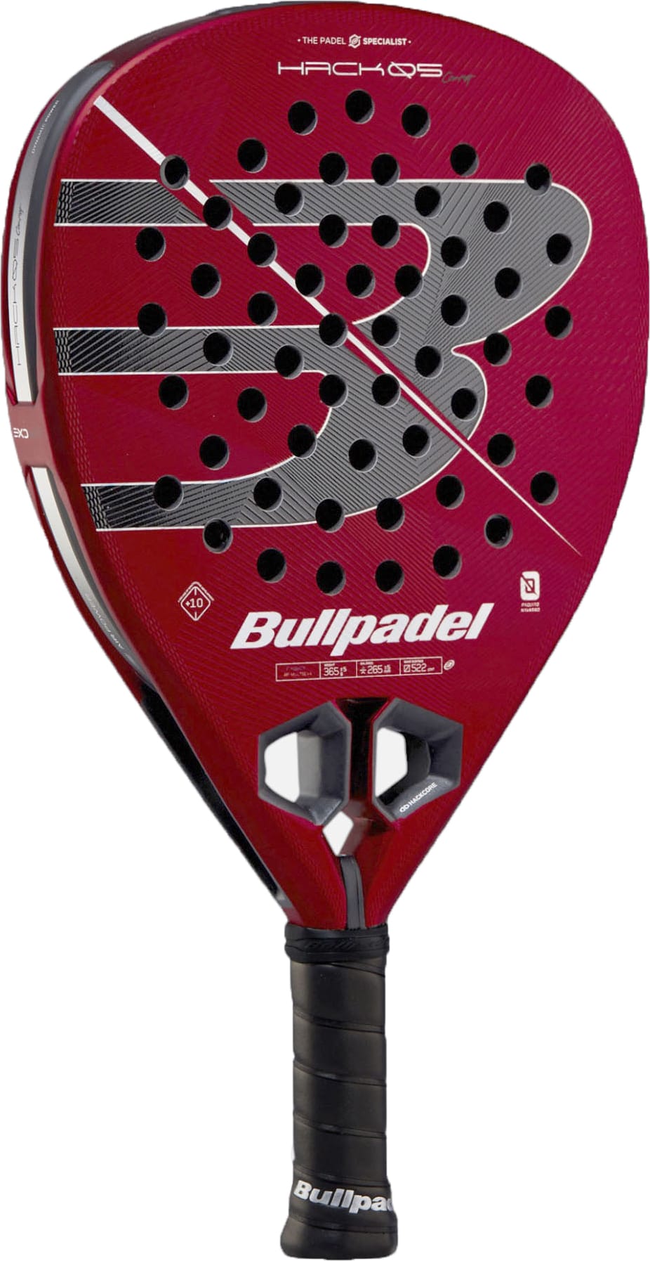 The Bullpadel Hack 05 Comfort 2027 Padel Racket by Bullpadel features striking black and silver accents, a perforated Tricarbon 18K face, and a black handle adorned with “Bullpadel” branding. Its modern, sleek design is complemented by a high-performance MultiEva core for exceptional play.