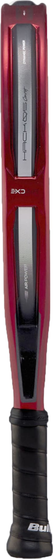 A close-up of a metallic red baseball bat with a black grip handle, shown vertically with branding visible on the barrel, reminiscent of the advanced Tricarbon 18K technology featured in high-performance gear such as the Bullpadel Hack 05 Comfort 2027 Padel Racket by Bullpadel.