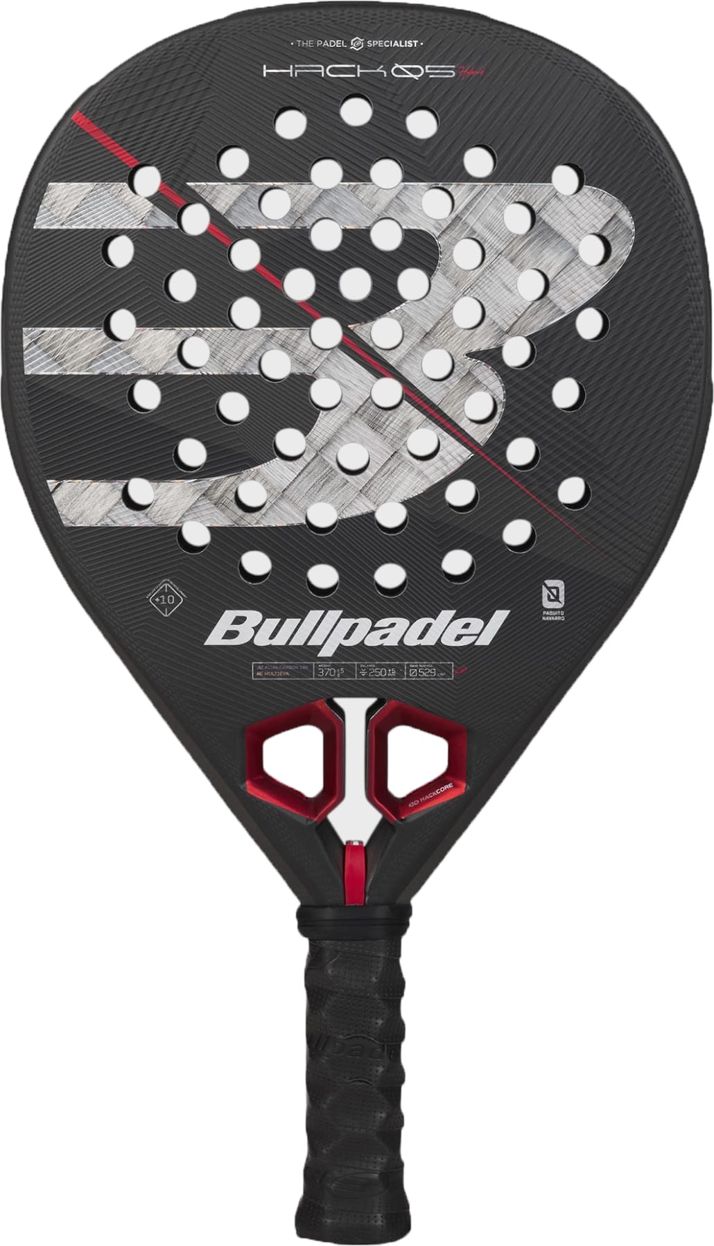 A black Bullpadel Hack 05 Hybrid 2027 padel racket, featuring a prominent white logo, red accents, and circular holes on the paddle face—perfect for racquet sports. Equipped with an advanced MultiEva core, this model offers exceptional power and control with every shot.