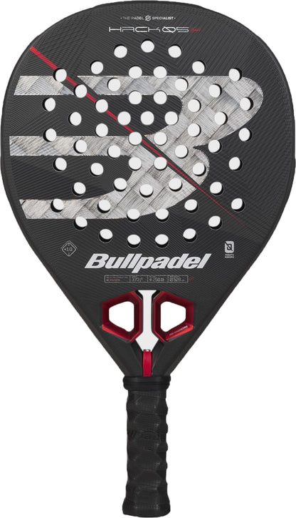 A black Bullpadel Hack 05 Hybrid 2027 padel racket, featuring a prominent white logo, red accents, and circular holes on the paddle face—perfect for racquet sports. Equipped with an advanced MultiEva core, this model offers exceptional power and control with every shot.
