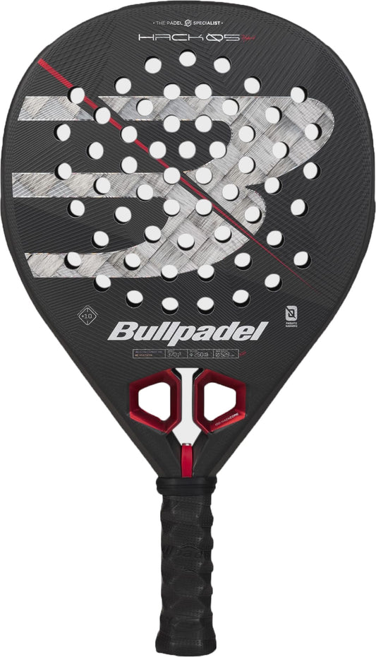 A black Bullpadel Hack 05 Hybrid 2027 padel racket, featuring a prominent white logo, red accents, and circular holes on the paddle face—perfect for racquet sports. Equipped with an advanced MultiEva core, this model offers exceptional power and control with every shot.