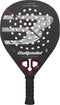 A black Bullpadel Hack 05 Hybrid 2027 padel racket, featuring a prominent white logo, red accents, and circular holes on the paddle face—perfect for racquet sports. Equipped with an advanced MultiEva core, this model offers exceptional power and control with every shot.