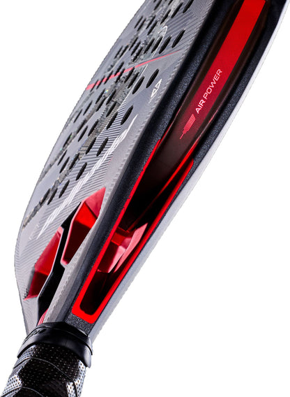 Close-up of the Bullpadel Hack 05 Hybrid 2027 Padel Racket, designed in striking black and red with the word “AIRPOWER” along the side and a honeycomb-patterned perforated face. Expertly crafted by Bullpadel with Aluminized Carbon 18K and featuring a MultiEva core for superior performance.