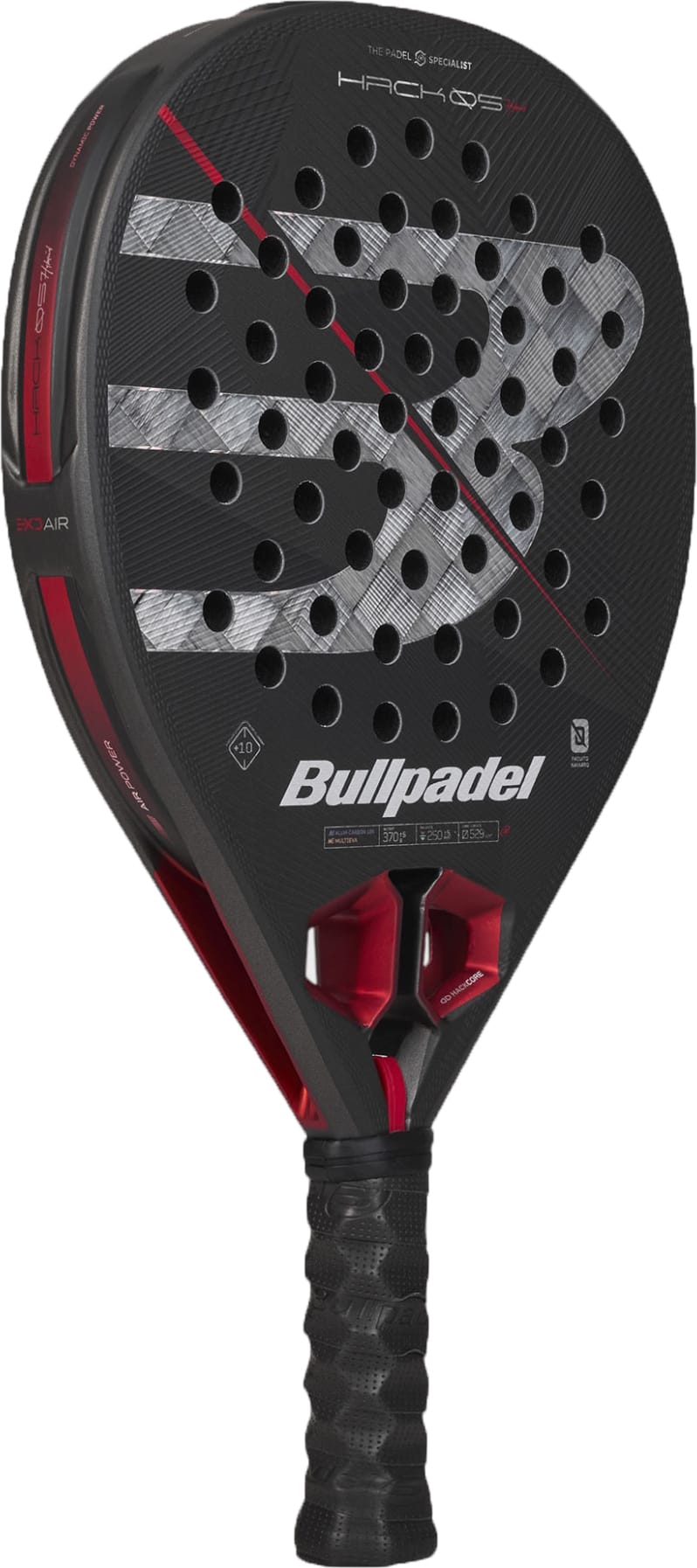 A black and red Bullpadel Hack 05 Hybrid 2027 Padel Racket with a textured surface, large logo, and perforated holes, designed for professional play. Constructed from high-performance materials like Aluminized Carbon 18K and featuring a MultiEva core, it delivers enhanced power and control for advanced players.