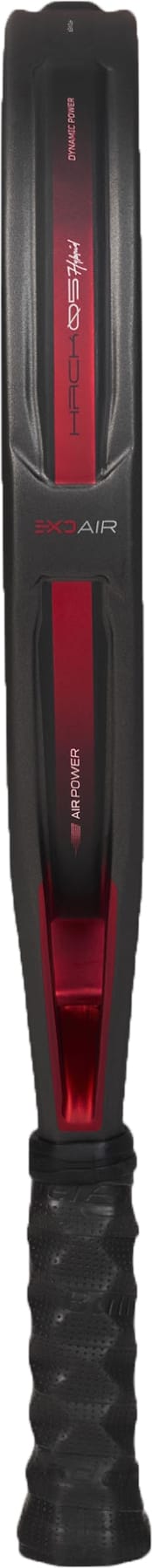 A close-up view of the Bullpadel Hack 05 Hybrid 2027 Padel Racket by Bullpadel, showcasing its black and red design with a textured black grip handle and advanced Aluminized Carbon 18K material, photographed vertically against a white background.