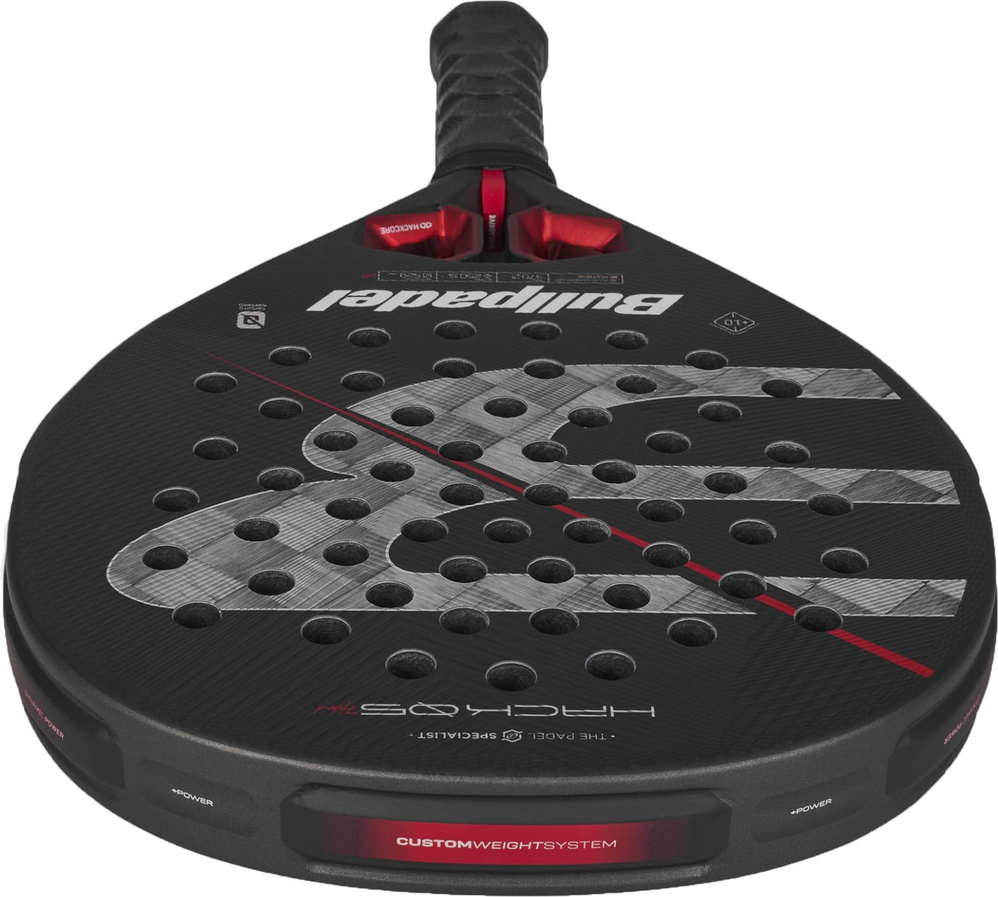 A close-up of a black Bullpadel Hack 05 Hybrid 2027 Padel Racket with red and gray accents, showcasing Aluminized Carbon 18K, circular perforations, and the Bullpadel logo, viewed from the handle along the surface of the racket.