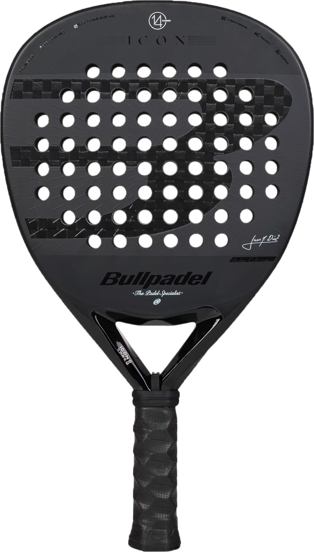 The Bullpadel Icon 2027 Padel Racket by Bullpadel features a sleek black design with a textured face, circular perforations, and a padded grip handle. It is constructed with advanced X-Tend Carbon 12K technology and includes a MultiEva core for superior performance. The front of the racket displays the “Bullpadel” brand name along with additional branding elements.