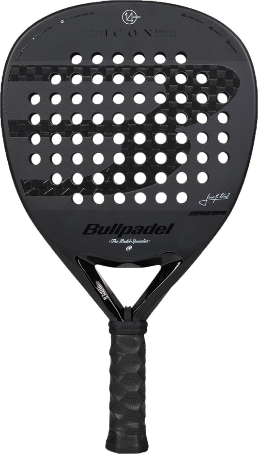 The Bullpadel Icon 2027 Padel Racket by Bullpadel features a sleek black design with a textured face, circular perforations, and a padded grip handle. It is constructed with advanced X-Tend Carbon 12K technology and includes a MultiEva core for superior performance. The front of the racket displays the “Bullpadel” brand name along with additional branding elements.