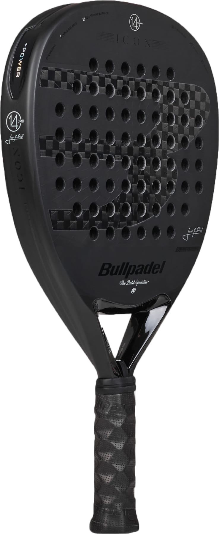 A Bullpadel Icon 2027 Padel Racket in black, showcasing a textured X-Tend Carbon 12K fiber design with a perforated face and a wrapped black handle. The MultiEva core delivers optimal performance, while the Bullpadel branding and logos are visible on the racket’s surface.