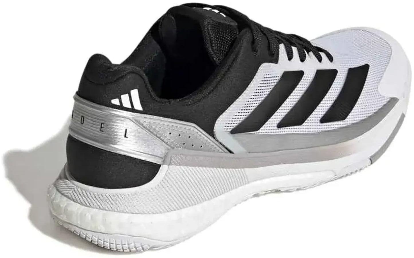 A rear-angled view showcases the adidas Crazyquick Boost Mens Padel Shoes in Cloud White, Core Black, and Silver Metallic—featuring three black stripes, silver highlights, and a textured sole. Designed for dynamic padel play, these shoes offer enhanced energy return for optimal on-court performance while delivering signature adidas style.