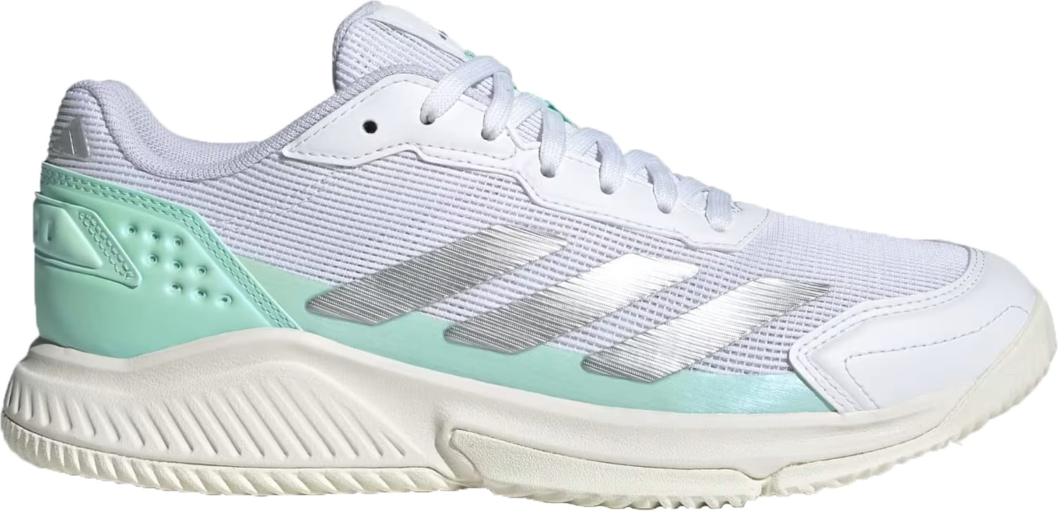 The adidas Courtquick Women's Padel Shoes in Cloud White, Silver Metallic, and Clear Mint feature a mesh upper, lace-up design, and a textured off-white sole—delivering breathable comfort and sporty style for active lifestyles.