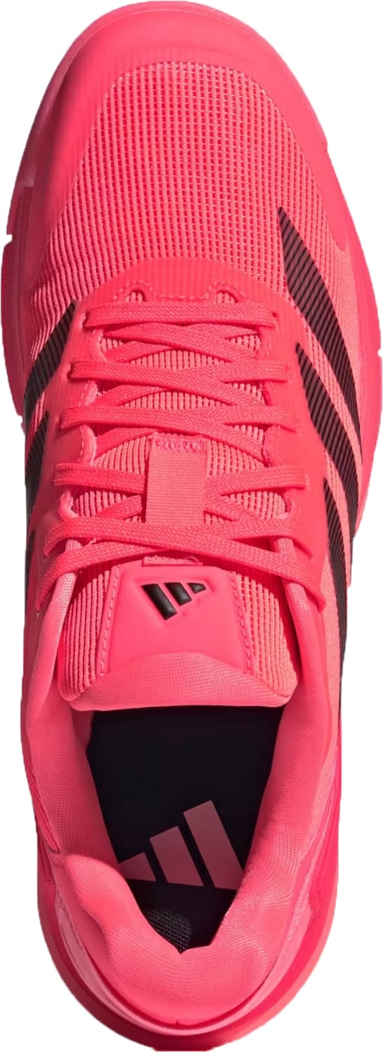 The adidas Crazyquick LS Mens Padel Shoes in Solar Turbo/Core Black/Lucid Red, shown from above, feature black stripes, pink laces, and logo accents. Designed for agile play with multi-directional grip for on-court movement.