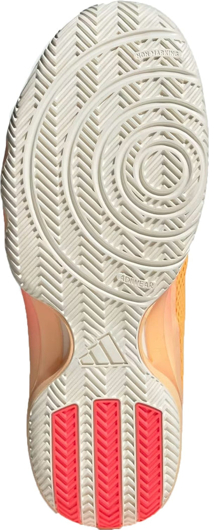 The image shows the sole of the adidas Crazyflight 7 Indoor Mens Padel Shoes in Lucid Tangerine/Lucid Orange/Off White, featuring an off-white sole with circular and zigzag tread, three red heel grips, and LightstrikePro cushioning.