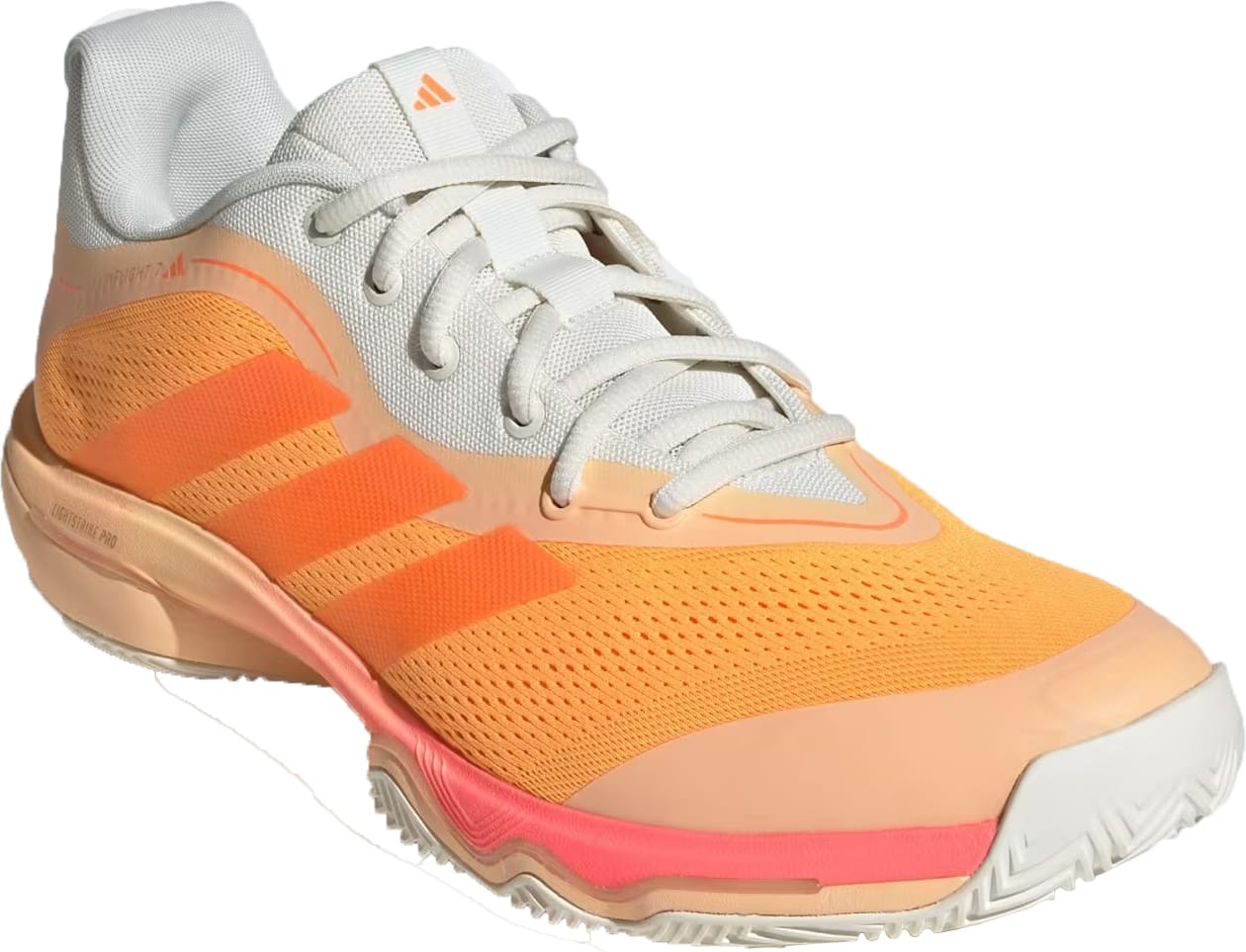 The adidas Crazyflight 7 Indoor Mens Padel Shoes feature a light orange and off-white design with white laces, orange side stripes, pink midsole accents, a textured sole, and LightstrikePro cushioning.