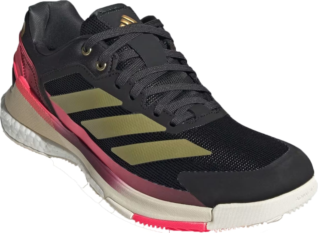 The ADIDAS Crazyquick Boost Mens Padel Shoes in Core Black, Gold Metallic, and Solar Turbo provide lightweight comfort and excellent energy return, perfect for running or playing padel.