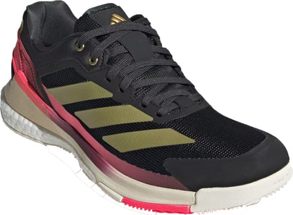 The ADIDAS Crazyquick Boost Mens Padel Shoes in Core Black, Gold Metallic, and Solar Turbo provide lightweight comfort and excellent energy return, perfect for running or playing padel.