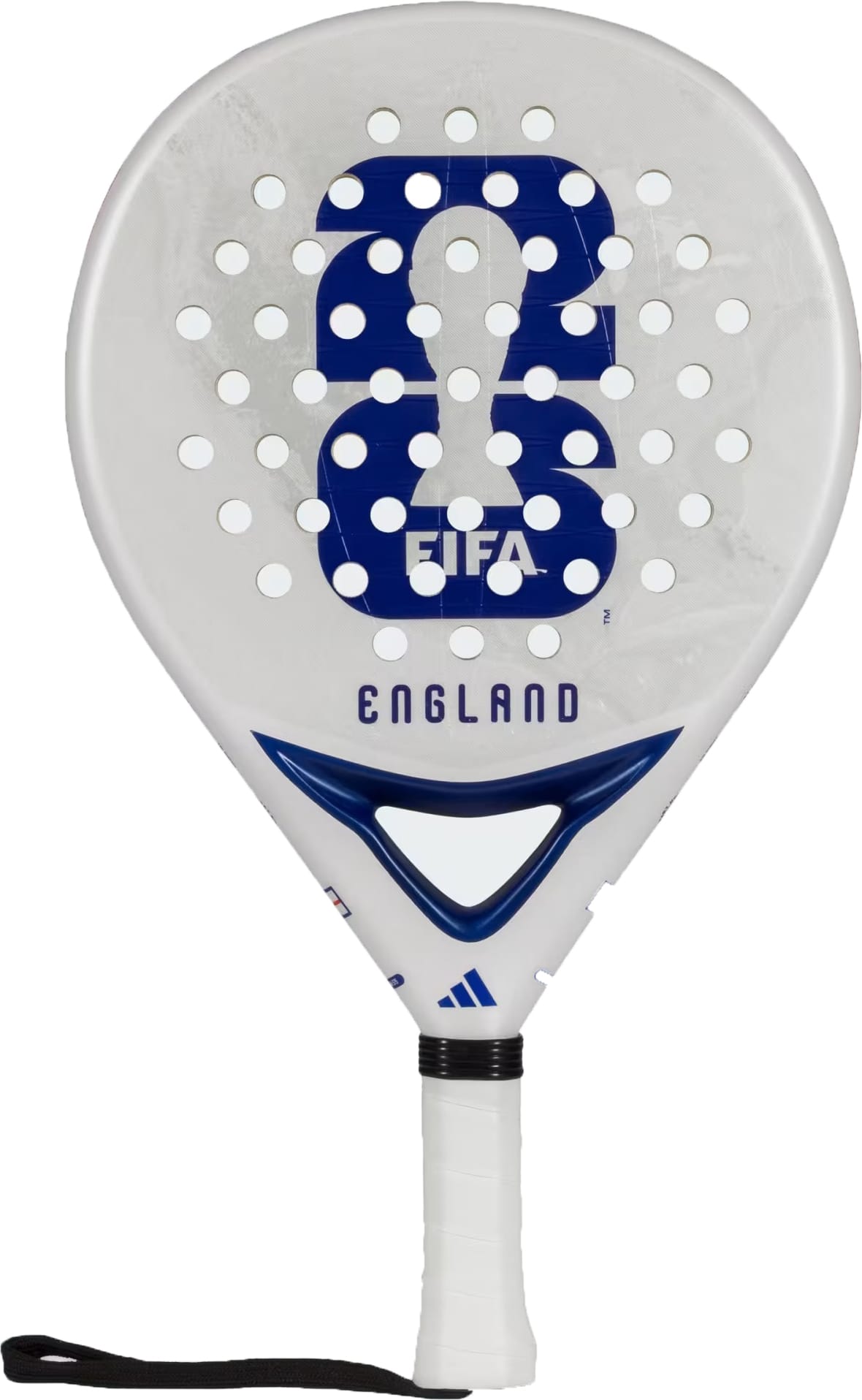 The adidas ADIDAS England WC World Cup 2026 Padel Racket is a durable white control racket with a large blue number 8, "FIFA" in blue, "ENGLAND" below, circular holes, and a black wrist strap on the handle.