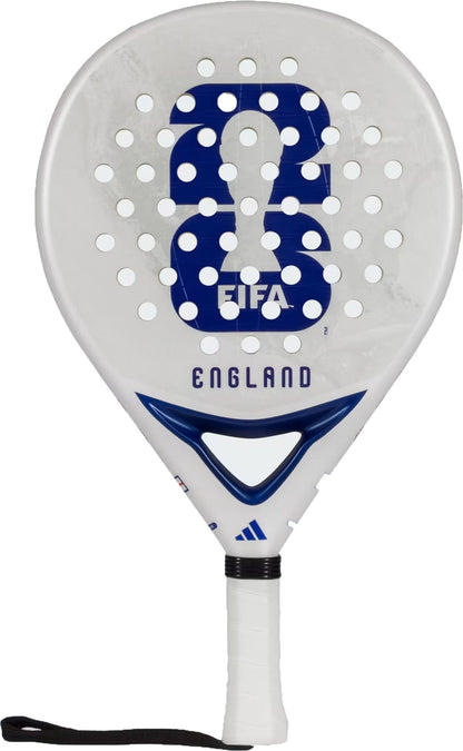 The adidas ADIDAS England WC World Cup 2026 Padel Racket is a durable white control racket with a large blue number 8, "FIFA" in blue, "ENGLAND" below, circular holes, and a black wrist strap on the handle.