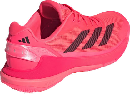 The adidas Crazyquick LS Men's Padel Shoes in Solar Turbo, Core Black, and Lucid Red feature black stripes, breathable mesh, a textured sole for grip, low-cut design, visible laces, and adidas branding near the heel for a sporty look.